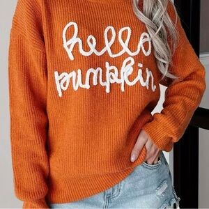 Orange Sweater with 'Hello Pumpkin' Design